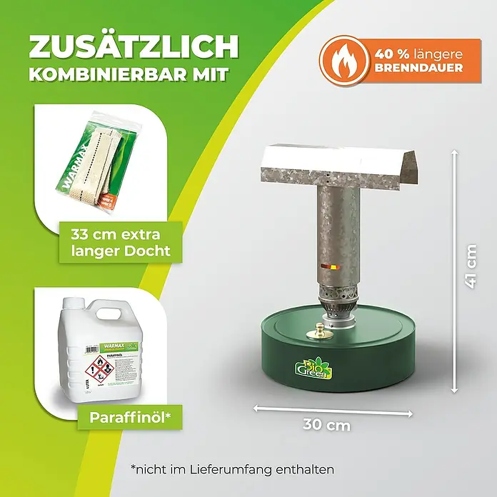 BioGreen Gewächshaus-Heizung Warmax Power 4 - 30 x 30 x 41 cm, Leistung: 300 W - Produktbild eines Bio Green Heizstrahlers mit Zubehör wie Paraffinöl und einem längeren Docht.