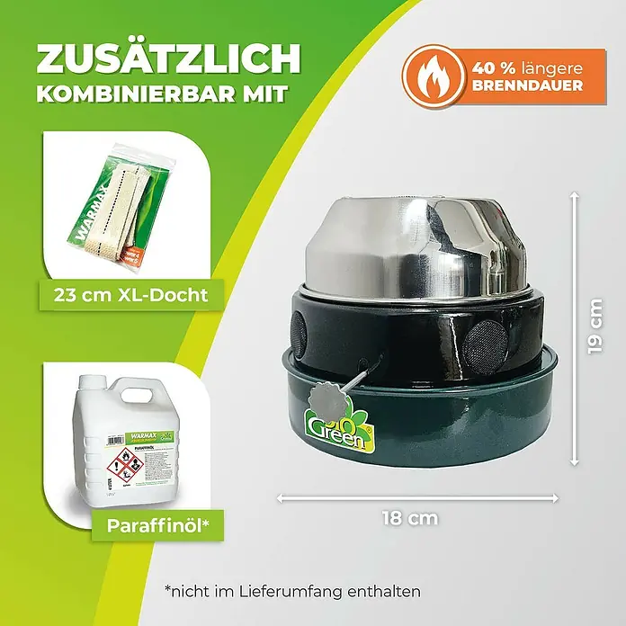 BioGreen Gewächshaus-Heizung Warmax Antifrost - 18 x 18 x 19 cm, Leistung: 150 W - Produktbild eines Bio Green Heizofens, der mit Paraffin betrieben wird und eine Brenndauer von 40 % länger ermöglicht.
