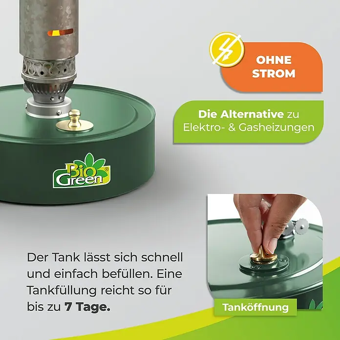 BioGreen Gewächshaus-Heizung Warmax Power 4 - 30 x 30 x 41 cm, Leistung: 300 W - Nahaufnahme eines Bio Green Heizgeräts, das ohne Strom funktioniert und eine Tanköffnung für einfaches Befüllen bietet.