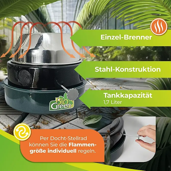 BioGreen Gewächshaus-Heizung Warmax Antifrost - 18 x 18 x 19 cm, Leistung: 150 W - Nahaufnahme des Bio Green Heizgeräts mit Detailbeschreibungen zu Brenner, Stahlkonstruktion und Tankkapazität.