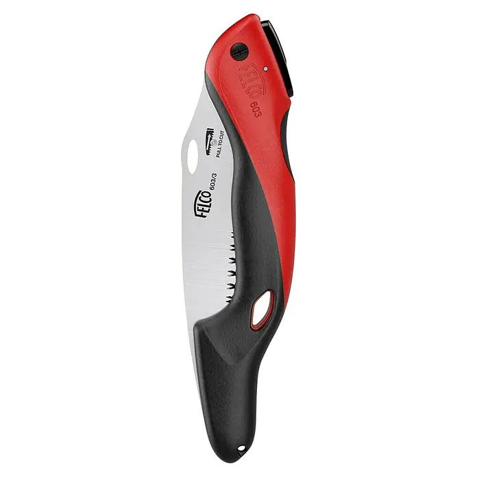 Felco Klappsäge 603 - Max. Aststärke: 100 mm - Nahaufnahme einer Felco 603 Handsäge mit rotem und schwarzem Griff, ideal für präzise Baumschnitte und Gartenarbeiten.
