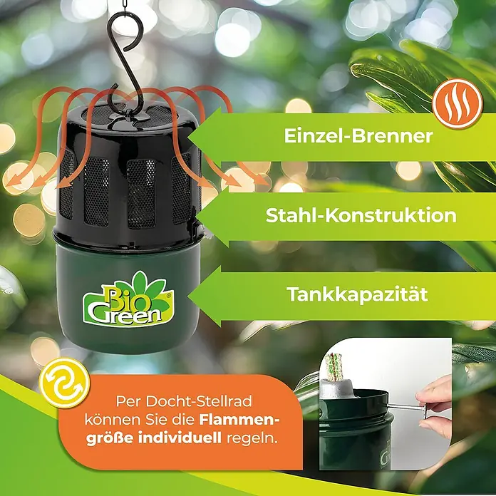 BioGreen Gewächshaus-Heizung Warmax Mini - 11 x 11 x 17 cm, Leistung: 70 W - Hängender Bio Green Heizstrahler mit Beschreibungen zu Brenner, Stahlkonstruktion, Tankkapazität und Flammenregulierung.