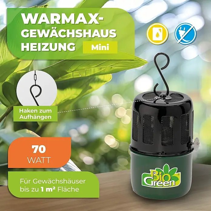 BioGreen Gewächshaus-Heizung Warmax Mini - 11 x 11 x 17 cm, Leistung: 70 W - Abbildung einer WARMAX-Gewächshausheizung Mini von Bio Green, klein und kompakt, ideal für Gewächshäuser bis 1 m².