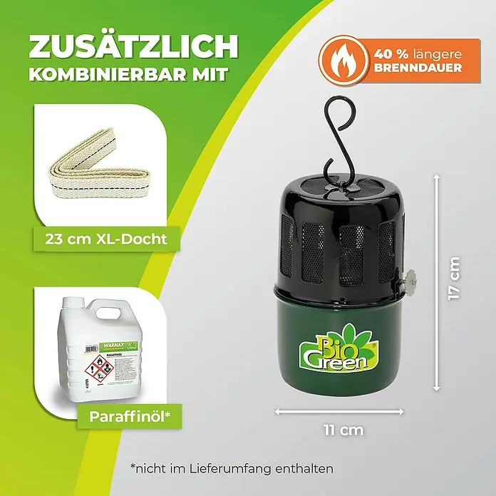 BioGreen Gewächshaus-Heizung Warmax Mini - 11 x 11 x 17 cm, Leistung: 70 W - Produktbild einer Bio Green Heizung, kombiniert mit Zubehör wie Docht und Paraffinöl, für längere Brenndauer.