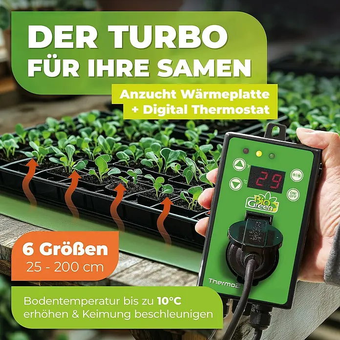 BioGreen Heizmatte inkl. Digital-Thermostat - 40 x 65 cm - Das Bio Green Anzucht-Wärmeplatten-Set mit digitalem Thermostat beschleunigt die Keimung und erhöht die Bodentemperatur.