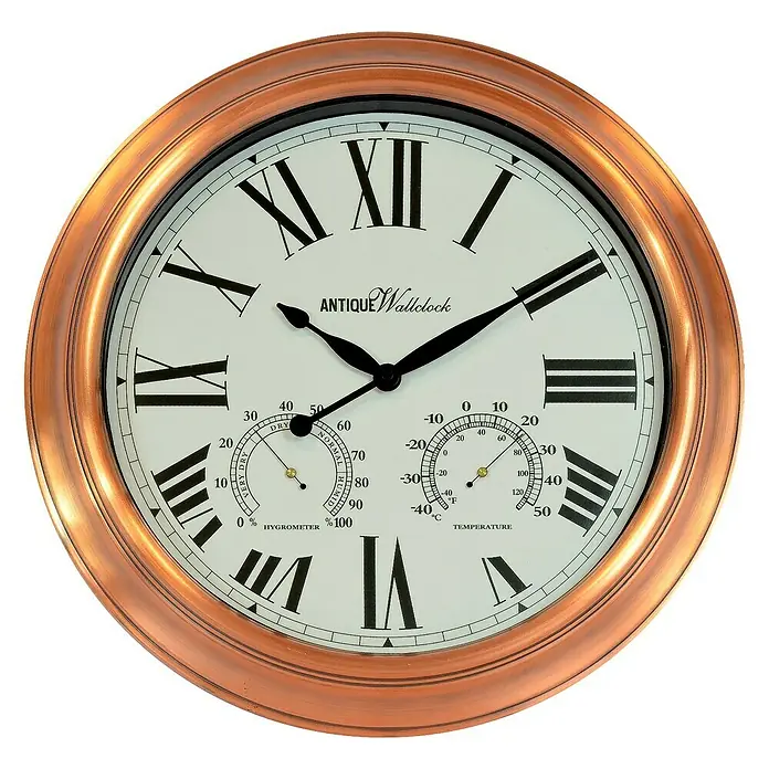 Wanduhr - Durchmesser: 40 cm, Weiß/Kupfer - Eine runde, antike Wanduhr mit römischen Ziffern und Hygrometer-/Temperaturanzeigen, eingefasst in einen bronzefarbenen Rahmen.