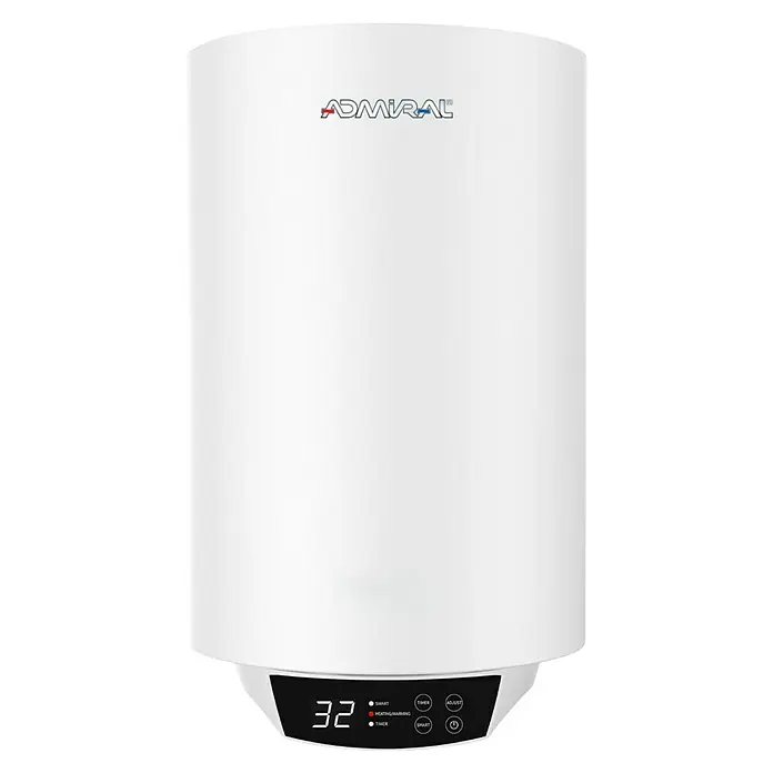 Admiral Termo eléctrico Nilo - 30 l, 1.500 W, Montaje en la pared - Imagen de un calentador de agua Admiral, un electrodoméstico blanco y compacto con pantalla digital y controles para fácil uso.