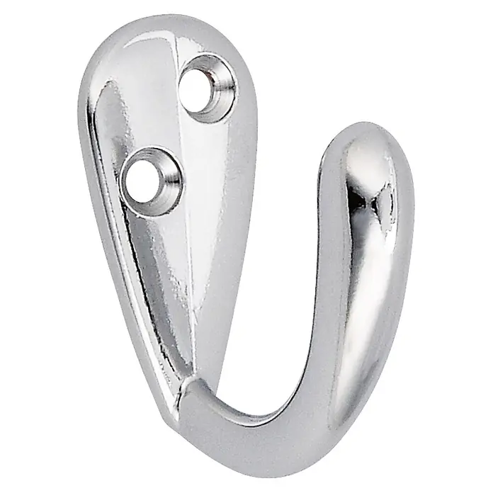 Siro Garderobenhaken - L x B x H: 43 x 19 x 38 mm, Chrom, Stahl - Nahaufnahme eines glänzenden Chrom-Wandhakens mit zwei Bohrlöchern zur Befestigung. Perfekt für Bad und Küche.
