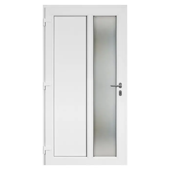 Panto Haustür K 011 - 110 x 210 cm, DIN Anschlag: Links, Anthrazit/Weiß - Weiße Tür mit einem blickdichten Glaselement und einem Griff. Ideal für moderne Innenräume und bietet Privatsphäre.