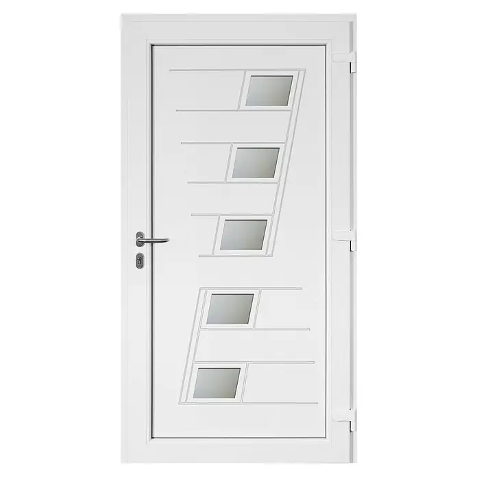 Panto Haustür K 043 - 110 x 210 cm, DIN Anschlag: Rechts, Anthrazit/Weiß - Moderne weiße Haustür mit dekorativen Glaseinsätzen und elegantem Edelstahlgriff für einen stilvollen Eingangsbereich.