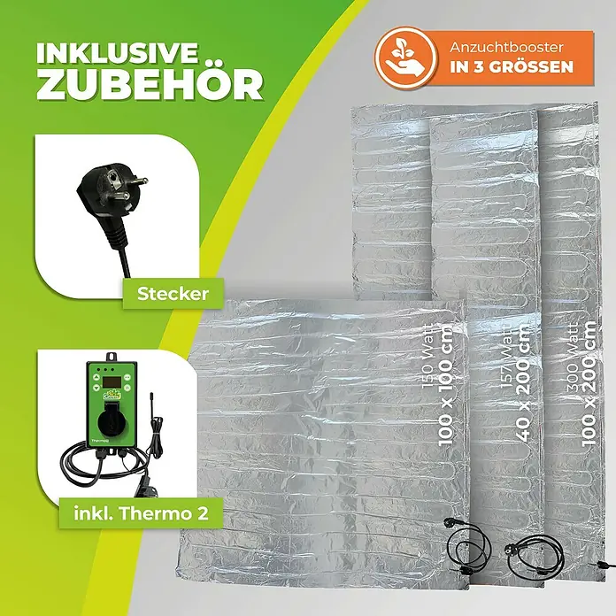 BioGreen Heizmatte Sahara inkl. Thermostat - 40 x 200 cm - Produktbild mit Anzuchtbooster in 3 Größen, inkl. Stecker und Thermo 2 für die Pflanzenanzucht mit optimaler Temperaturregelung.