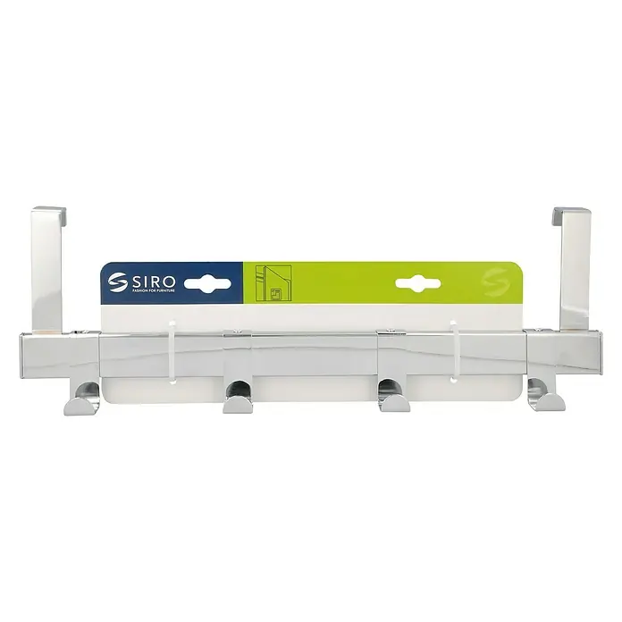 Siro Türgarderobe 1443 Chrom - L x H: 404 x 51 mm, Anzahl Haken: 4 Stk., Verchromt - Türgarderobe mit vier Haken, verchromt und mit einer Marke versehen, ideal für die Organisation von Kleidung und Accessoires.