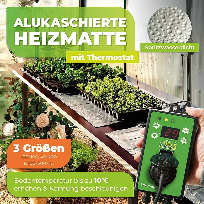 BioGreen Heizmatte Sahara inkl. Thermostat - 40 x 200 cm - Alukaschierte Heizmatte mit Thermostat zur Erhöhung der Bodentemperatur und Beschleunigung der Keimung in drei Größen.