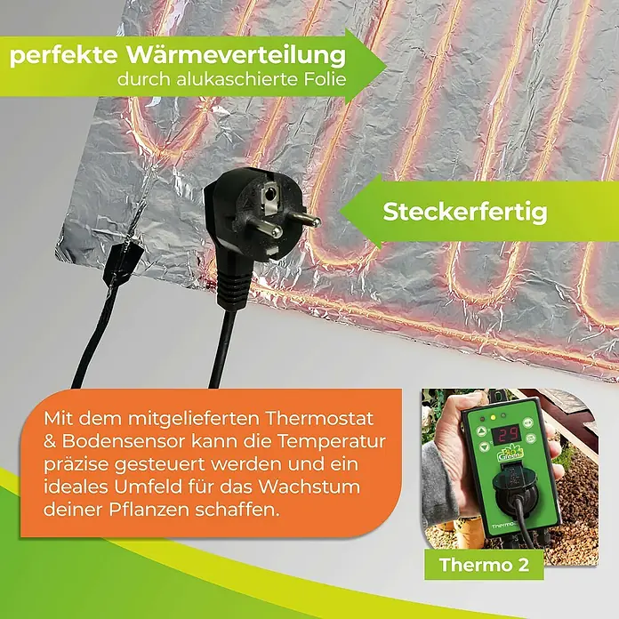 BioGreen Heizmatte Sahara inkl. Thermostat - 40 x 200 cm - Das Bild zeigt eine Heizmatte für Pflanzen mit Thermostat zur Temperaturregelung und optimalem Pflanzenwachstum.