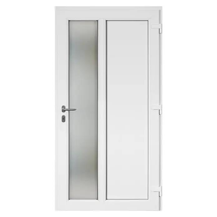 Panto Haustür K 011 - 110 x 210 cm, DIN Anschlag: Rechts, Anthrazit/Weiß - Ein weißer Nebeneingangstür mit einem satinierten Glasfenster und einem Türgriff aus Metall. Optimal für zusätzlichen Lichteinfall.