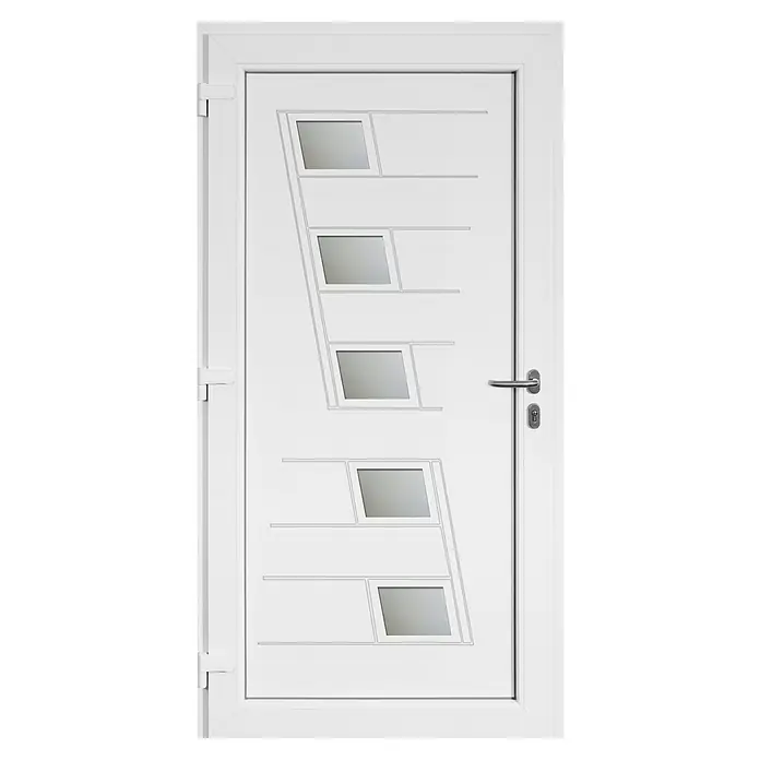 Panto Haustür K 043 - 110 x 210 cm, DIN Anschlag: Links, Anthrazit/Weiß - Elegante weiße Haustür mit modernem Design und mehreren quadratischen Glaseinsätzen für einen hellen Eingangsbereich.