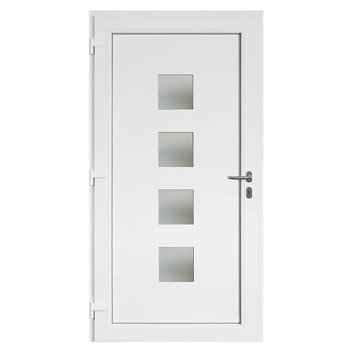 Panto Haustür K 025 - 110 x 210 cm, DIN Anschlag: Links, Anthrazit/Weiß - Weiße Tür mit vier quadratischen Fenstern und einem silbernen Türgriff.