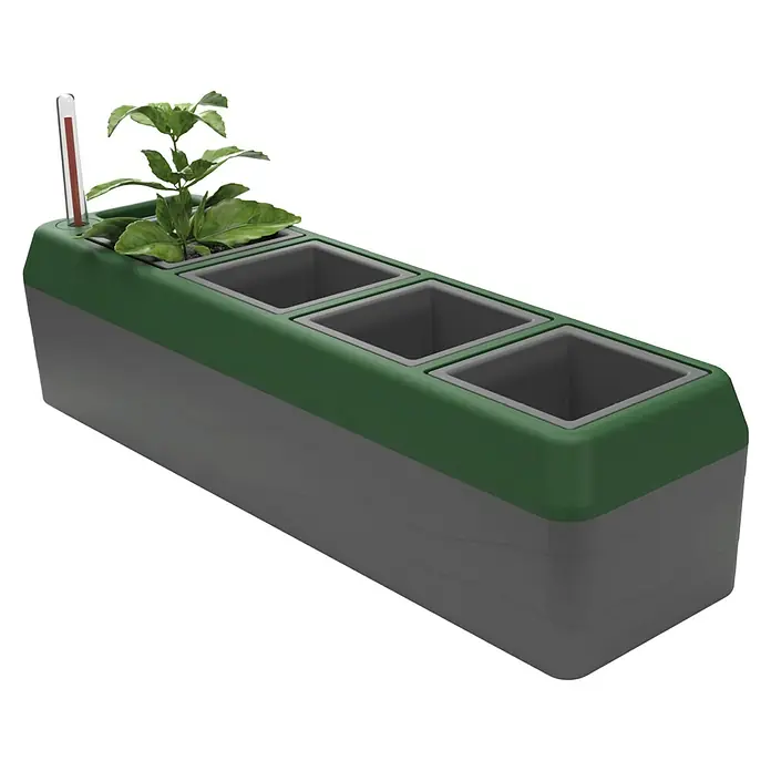 BioGreen Kräuterkasten Provence - 42 x 12 x 11 cm, Kunststoff, Grün/Grau - Das Bild zeigt einen modernen Pflanzkasten mit drei Fächern, in einem grünen und grauen Design, mit einer Pflanze und einem Thermometer.