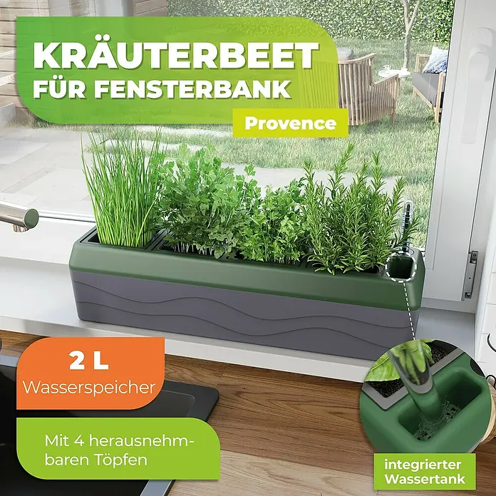BioGreen Kräuterkasten Provence - 42 x 12 x 11 cm, Kunststoff, Grün/Grau - Kräuterbeet "Provence" für die Fensterbank mit integriertem Wassertank für einfache Bewässerung. 2 L Wasserspeicher, 4 herausnehmbare Töpfe.