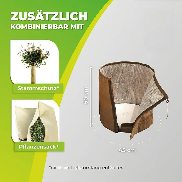 BioGreen Winterschutz Topfschutz L - 45 x 50 cm - Bild einer braunen Pflanzgefäßabdeckung mit den Maßen 50 cm Höhe und 45 cm Durchmesser, kombiniert mit Stammschutz und Pflanzensack.