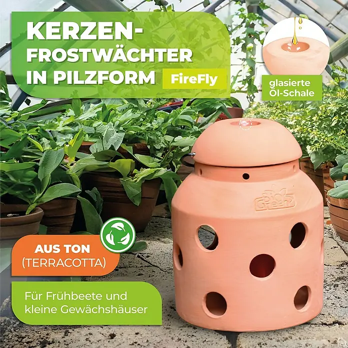 BioGreen Frostwächter Windlicht FireFly - Terracotta - Ein Pilzförmiger Kerzen-Frostwächter aus Terrakotta. Ideal für Frühbeete und Gewächshäuser.