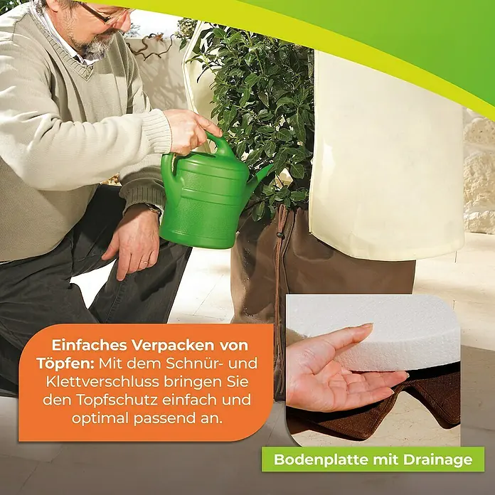BioGreen Winterschutz Topfschutz L - 45 x 50 cm - Bild von einem Topfschutz mit einfacher Verpackung, Schnur- und Klettverschluss sowie Bodenplatte mit Drainage.