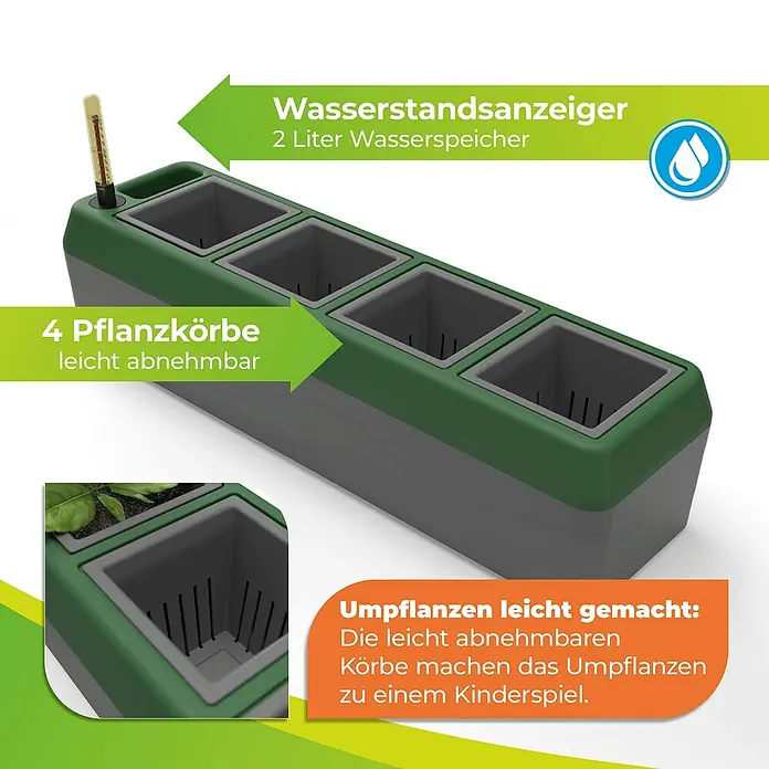 BioGreen Kräuterkasten Provence - 42 x 12 x 11 cm, Kunststoff, Grün/Grau - Produktbild eines Pflanzgefäßes mit vier Pflanzkörben, Wasserstandsanzeige und einem 2-Liter-Wasserspeicher.