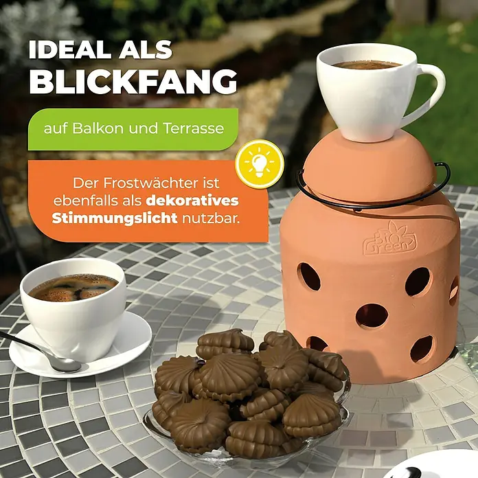 BioGreen Frostwächter Windlicht FireFly - Terracotta - Eine Frostwächter-Terracotta-Laterne dient als Blickfang auf Balkon und Terrasse und ist auch als dekoratives Stimmungslicht nutzbar.