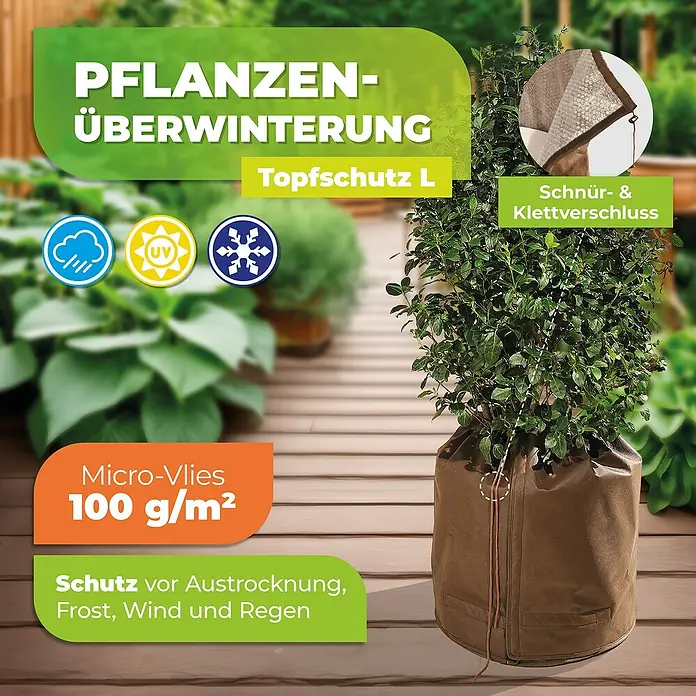 BioGreen Winterschutz Topfschutz L - 45 x 50 cm - Produktbild eines Pflanzen-Überwinterungsvlieses "Topfschutz L", das Pflanzen vor Frost, Wind und Austrocknung schützt.
