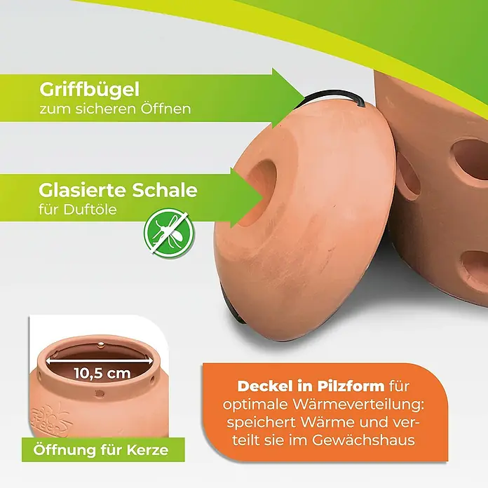 BioGreen Frostwächter Windlicht FireFly - Terracotta - Das Bild zeigt einen Terracotta-Pflanzenheizkörper mit Aromaschale und pilzförmigem Deckel, der Wärme speichert und im Gewächshaus verteilt.