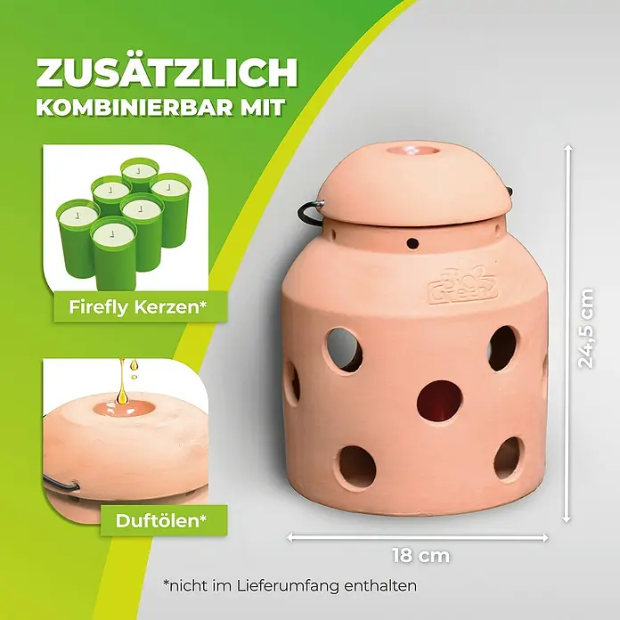 BioGreen Frostwächter Windlicht FireFly - Terracotta - Produktbild einer Terracotta-Laterne, kombiniert mit Duftölen und Firefly Kerzen, zur stimmungsvollen Beleuchtung.