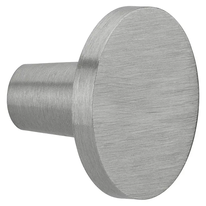 Elfa Décor+ by Elfa Möbelknopf - Ø x H: 2,5 x 1,9 cm, Silber - Nahaufnahme eines runden, gebürsteten Nickel-Schrankknopfes mit einem zylindrischen Sockel auf schwarzem Hintergrund.