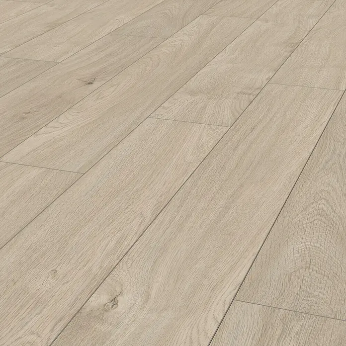 LOGOCLIC Aquaprotect Laminat - Nature Oak, Landhausdiele, 1.288 x 195 x 8 mm - Nahaufnahme von Laminatboden in hellem Holzdekor, ideal für moderne Innenräume. Die Oberfläche zeigt eine dezente Maserung.