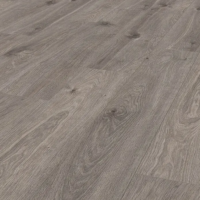 LOGOCLIC Aquaprotect Laminat - Moonlight Oak, Landhausdiele, 1.288 x 195 x 8 mm - Nahaufnahme eines grauen Laminatbodens mit realistischer Holzmaserung, ideal für moderne Innenräume.