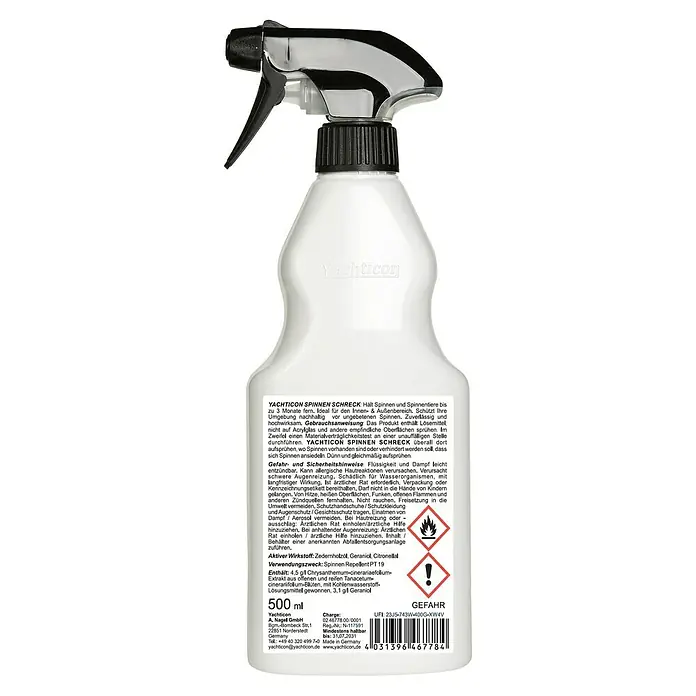 Yachticon Anti-Spinnen-Spray Spinnen Schreck - 500 ml - Abgebildet ist Yachticon Spinnen Schreck, ein Spray zur Spinnenabwehr für Innen- und Außenbereiche, in einer 500 ml Flasche.