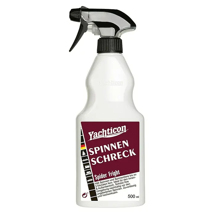 Yachticon Anti-Spinnen-Spray Spinnen Schreck - 500 ml - Produktfoto einer Sprühflasche Yachticon Spinnenschreck mit Etikett, das Spinnenabwehr verspricht, ideal für Innen- und Außenbereiche, 500ml.