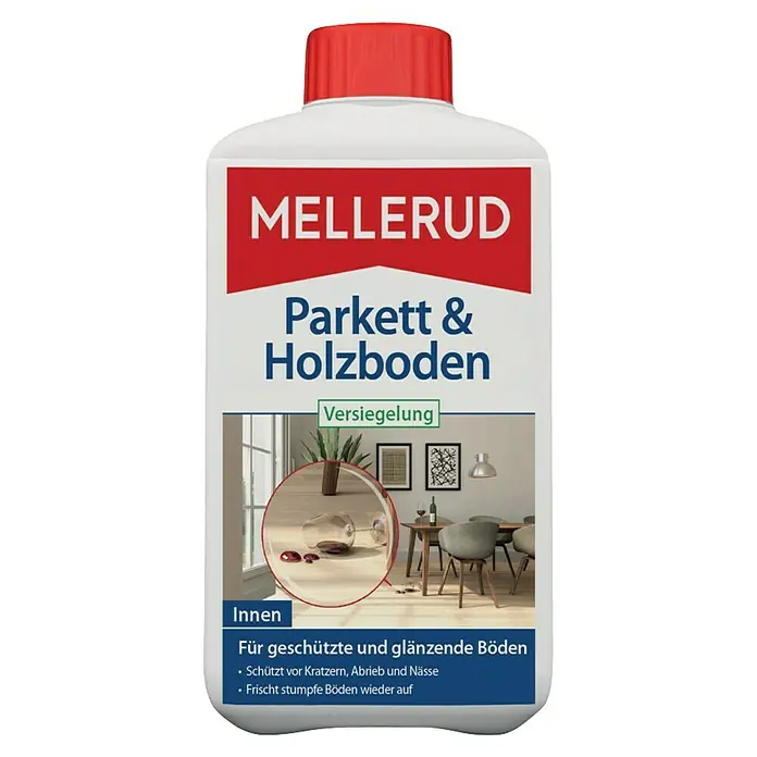 Mellerud Versiegelung Parkett- & Holzboden - 1 l, Flasche mit kindergesichertem Verschluss - Abbildung einer Flasche Mellerud Parkett- und Holzbodenversiegelung für geschützte & glänzende Böden im Innenbereich.