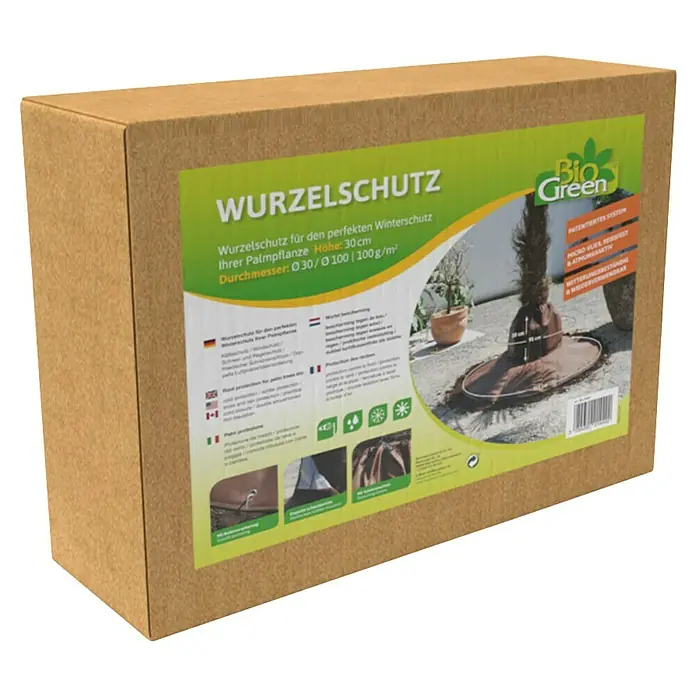 BioGreen Winterschutz Wurzelschutz für Palmen - 100 x 30 cm - Produktbild einer Kartonverpackung für "Wurzelschutz", einem Winterschutz für Palmen, mit den Maßen Höhe 30cm und Durchmesser 30/100cm.