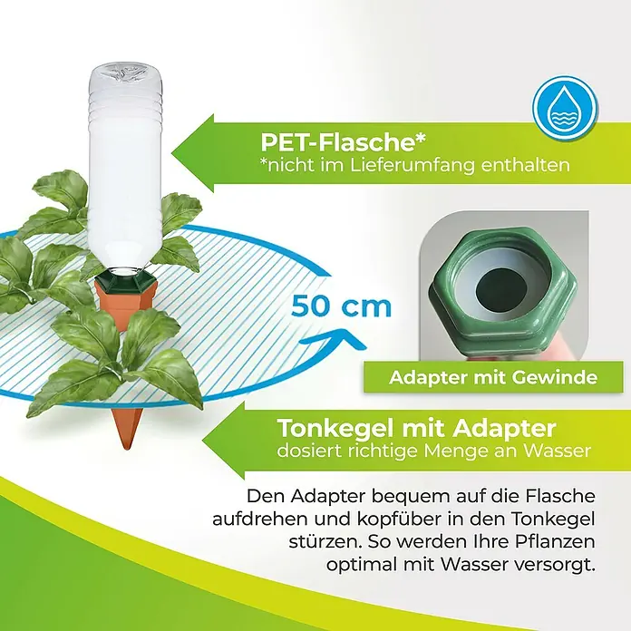 BioGreen Bewässerungssystem Hydro Classic - Passend für: 1 L PET Flaschen, 4 Stk. - Bewässerungssystem für Pflanzen mit Tonkegel und Adapter, geeignet für PET-Flaschen.