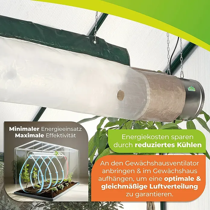 BioGreen Gewächshaus-Lüfter Energiesparschlauch - Passend für: Bio Green Gewächshauslüfter Arizona & Phönix - Das Bild zeigt einen Gewächshausventilator mit Luftverteilungssystem, das Energie spart und eine optimale Luftzirkulation gewährleistet.