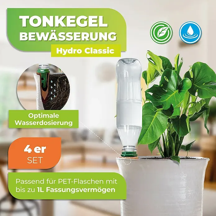 BioGreen Bewässerungssystem Hydro Classic - Passend für: 1 L PET Flaschen, 4 Stk. - Produktbild eines Tonkegel-Bewässerungssystems mit einer PET-Flasche in einem Blumentopf neben einer Pflanze.