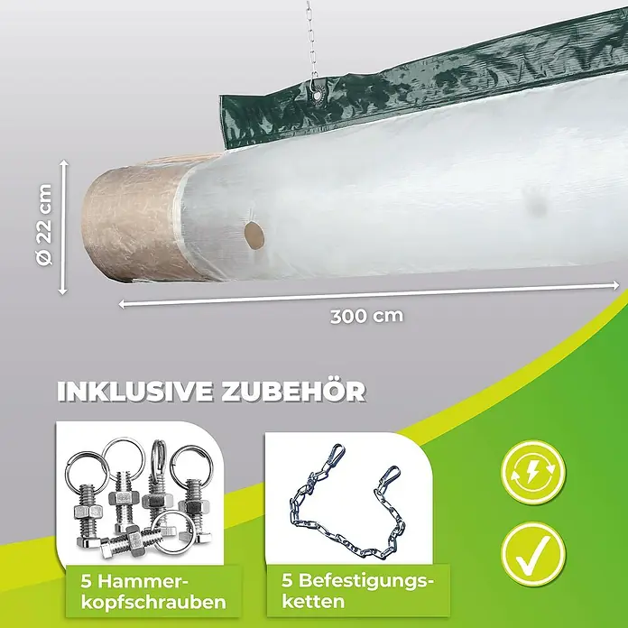 BioGreen Gewächshaus-Lüfter Energiesparschlauch - Passend für: Bio Green Gewächshauslüfter Arizona & Phönix - Produktabbildung eines 300 cm langen und 22 cm breiten Produkts inklusive Zubehör: 5 Hammerkopfschrauben und 5 Befestigungsketten.