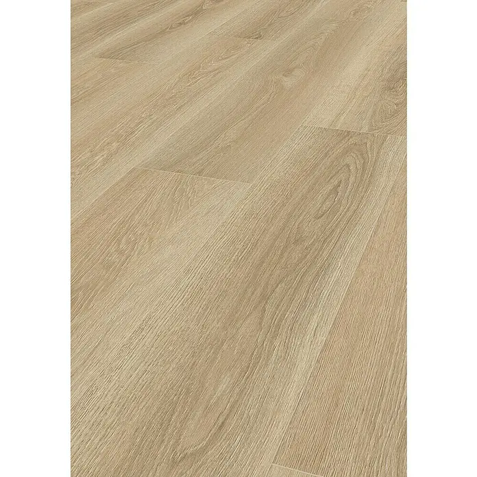 LOGOCLIC Vinto Laminat - Memphis, Landhausdiele, 1.288 x 195 x 8 mm - Detailaufnahme eines hellen Vinylbodens mit Holzoptik, der die natürliche Maserung und Textur des Holzes nachbildet.