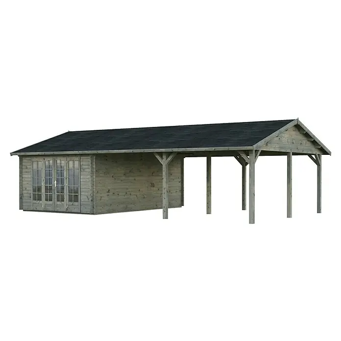 Palmako Gartenhaus Irene - Außenmaß inkl. Dachüberstand (B x T): 1.006 x 619 cm, Tauchgrundiertes Holz, Grau - Abbildung einer Holzgartenlaube mit schrägem Dach und Flügeltüren, die einen stilvollen Unterstand für den Außenbereich bietet.