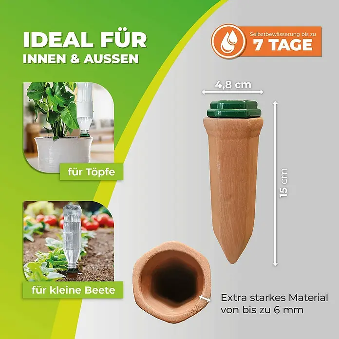 BioGreen Bewässerungssystem Hydro Classic - Passend für: 1 L PET Flaschen, 4 Stk. - Produktbild einer Bewässerungshilfe aus Terrakotta für Pflanzen, geeignet für drinnen und draußen.
