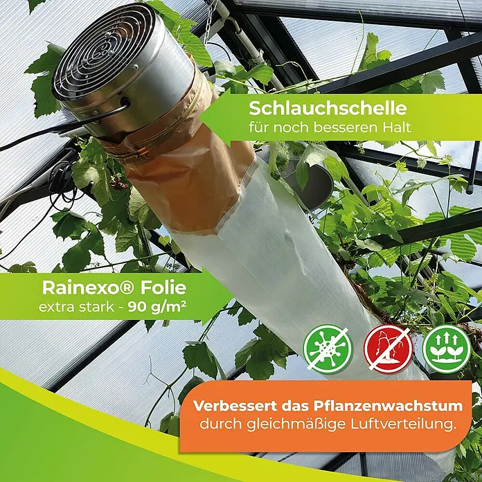 BioGreen Gewächshaus-Lüfter Energiesparschlauch - Passend für: Bio Green Gewächshauslüfter Arizona & Phönix - Produktaufnahme eines Rainexo®-Lüftungssystems für Gewächshäuser, das für verbesserte Luftverteilung und Pflanzenwachstum sorgt.