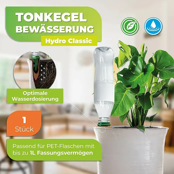 BioGreen Bewässerungssystem Hydro Classic - Passend für: 1 L Pet-Flaschen, 1 Stk. - Tonkegel Bewässerungssystem mit PET-Flasche zur optimalen Wasserdosierung für Pflanzen.