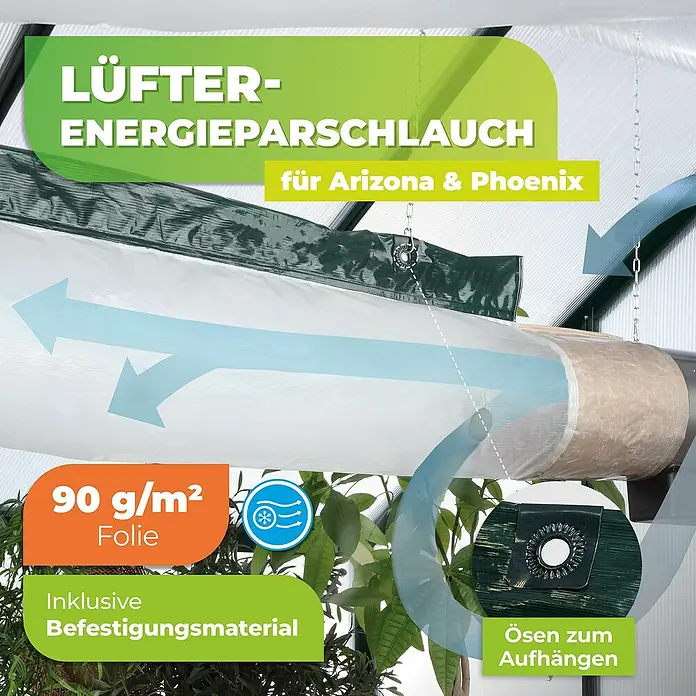 BioGreen Gewächshaus-Lüfter Energiesparschlauch - Passend für: Bio Green Gewächshauslüfter Arizona & Phönix - Ein Lüfter-Energiesparschlauch für Arizona & Phoenix. 90 g/m² Folie und inklusive Befestigungsmaterial. Ösen zum Aufhängen.