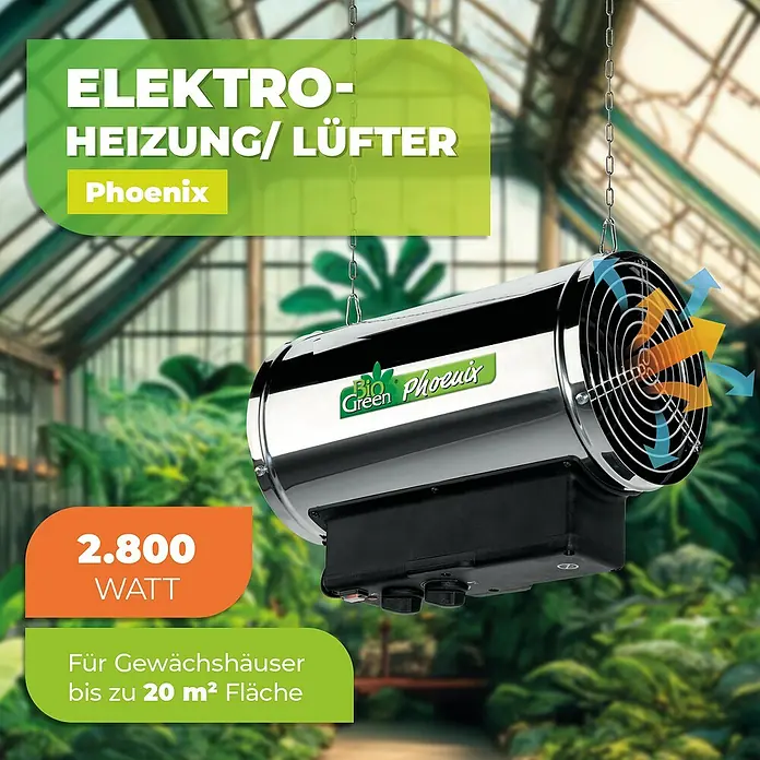 BioGreen Gewächshaus-Heizung / Lüfter Phoenix - 41 x 22 x 33 cm, Heizleistung: 1.000 W - 2.800 W - Das Bild zeigt eine Bio Green Phoenix Elektroheizung/Lüfter, ideal für Gewächshäuser bis 20 m², mit 2.800 Watt Leistung.
