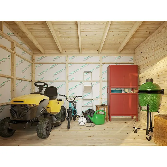 Palmako Caseta de jardín Kalle - Medidas ext. (An x Pr): 611 x 387 cm, Madera, Natural - Una escena de jardín en un cobertizo con un cortacésped, una bicicleta, una parrilla y un armario rojo.